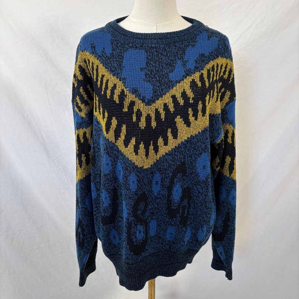 City Streets blue yellow abstract sweater size medium vintage artsy